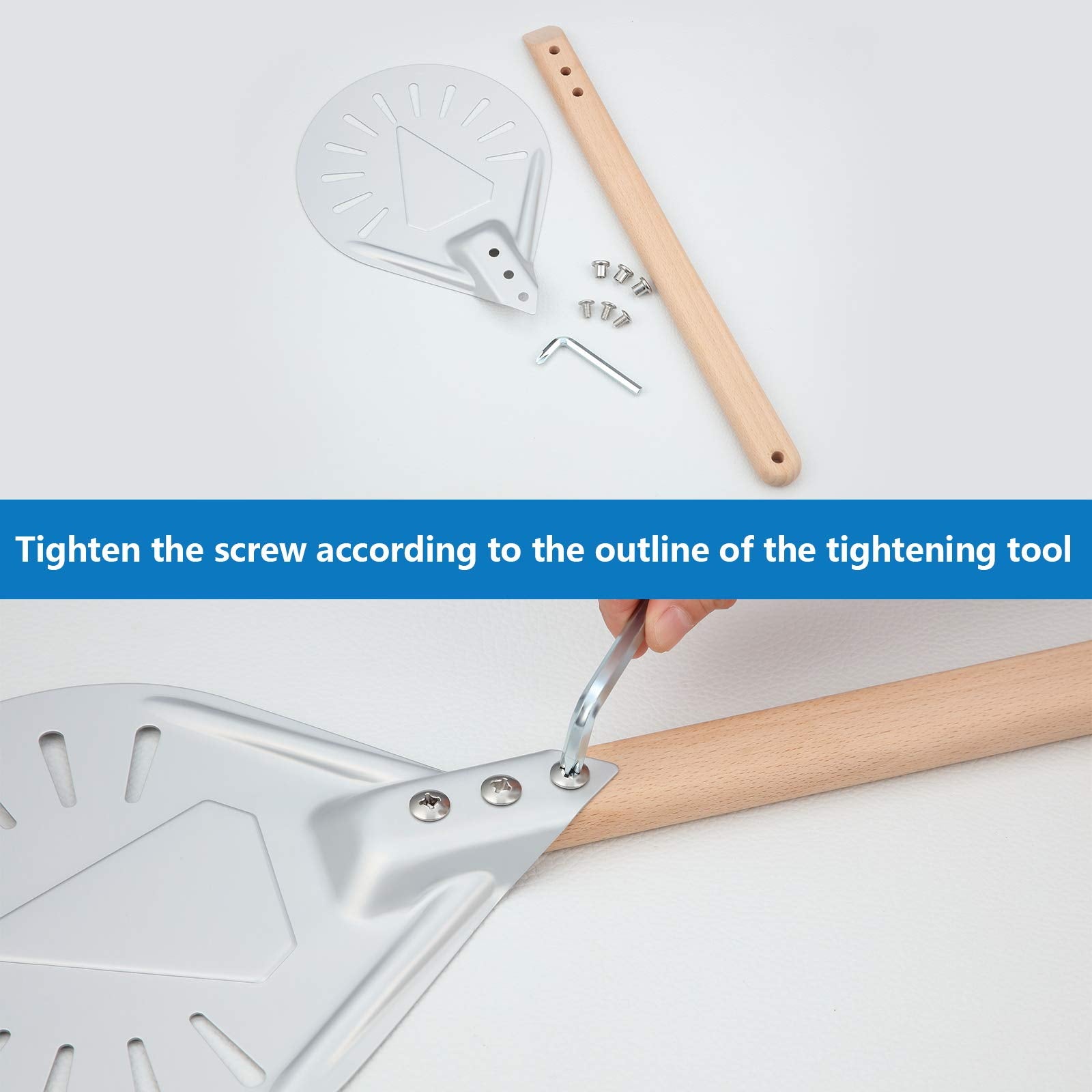 Round Perforated Pizza Peel Non-slip Durable Aluminum Turning Peel Pizza Paddle with 16 Inch Anti-Scalding Wooden Handle for Homemade Pizza Bread Bakers (7 Inch)